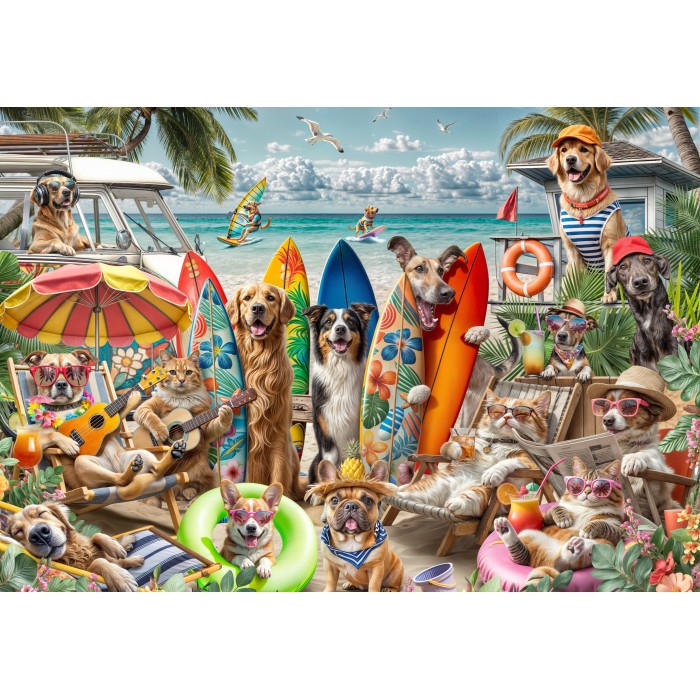 Puzzle Psi i mačke na plaži