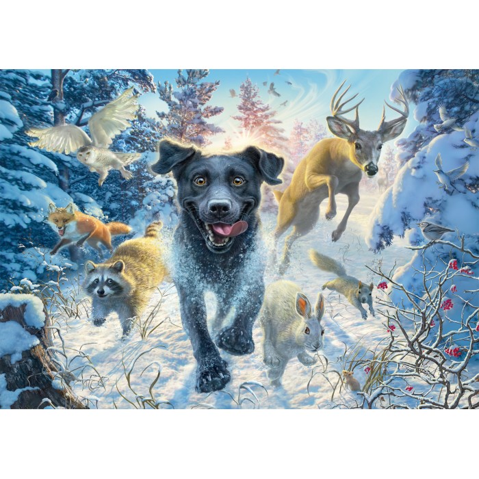 Puzzle Ljubav prema psima - Crni labrador u snijegu