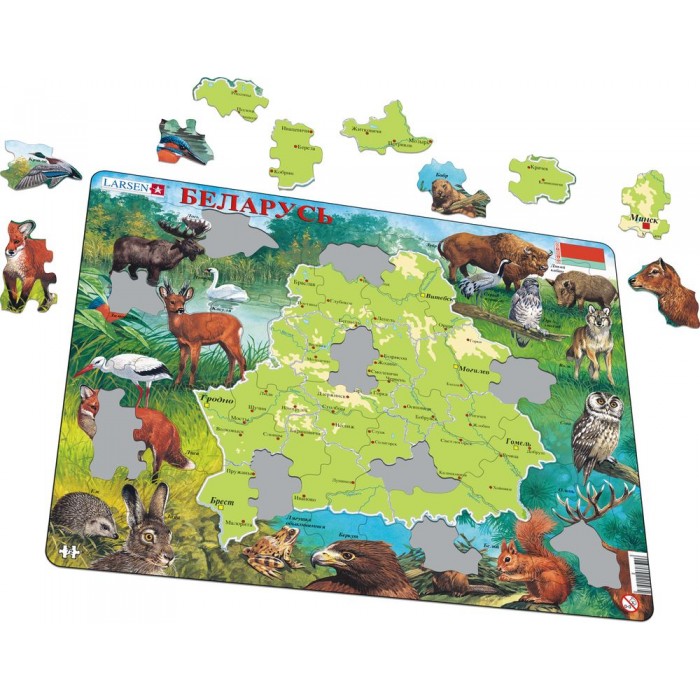 Puzzle s okvirom - Karta i životinjski svijet Bjelorusije (ruski)